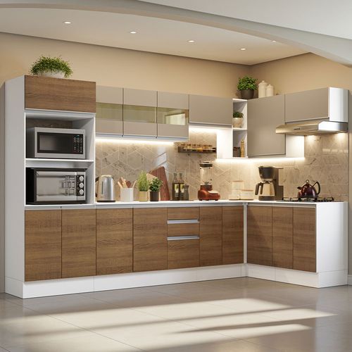 Armário de Cozinha Completa de Canto 329cm Branco Preto Glamy Madesa 02 -  Madesa Móveis