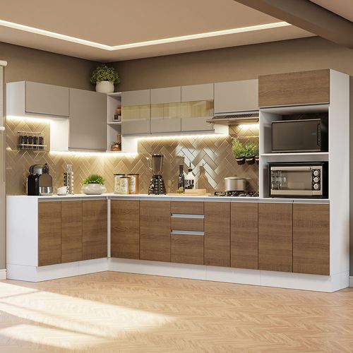Armário de Cozinha Completa de Canto 100% MDF 447cm Branco/Rustic/Crema Smart Madesa 02