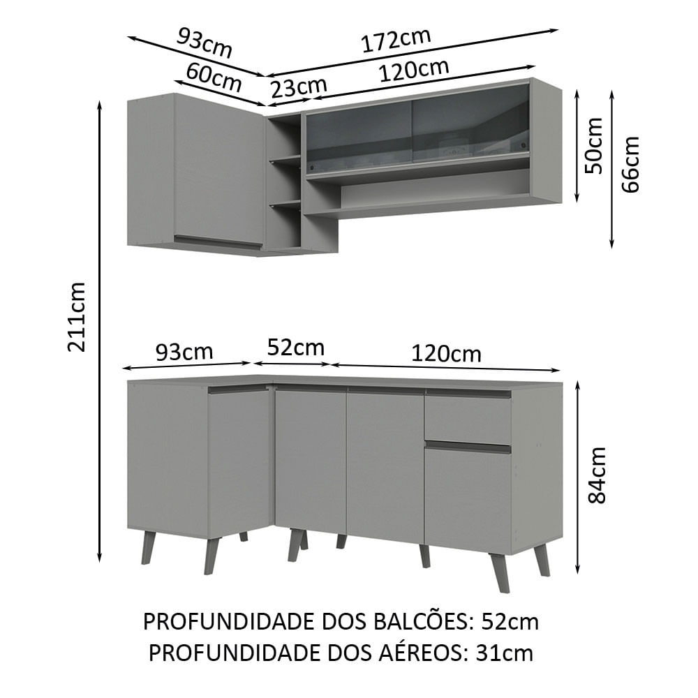 Armário de Cozinha Completa de Canto 265cm Cinza Nice Madesa 01 ...