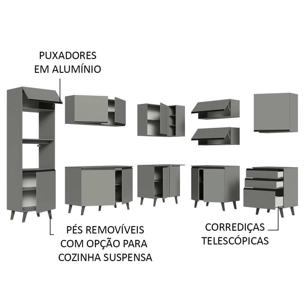 Armário de Cozinha Completa de Canto 445cm Cinza Nice Madesa 01