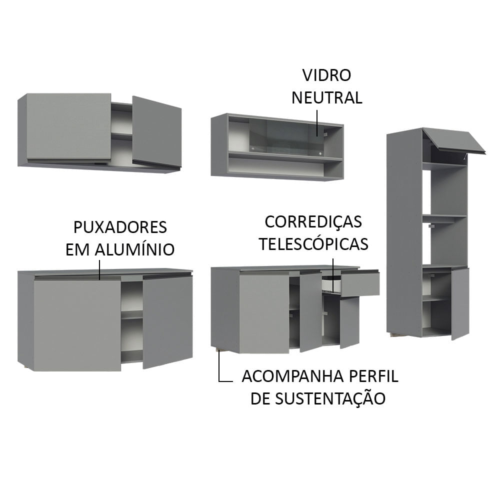 Armário de Cozinha Completa Suspenso 300cm Cinza Nice Madesa 06