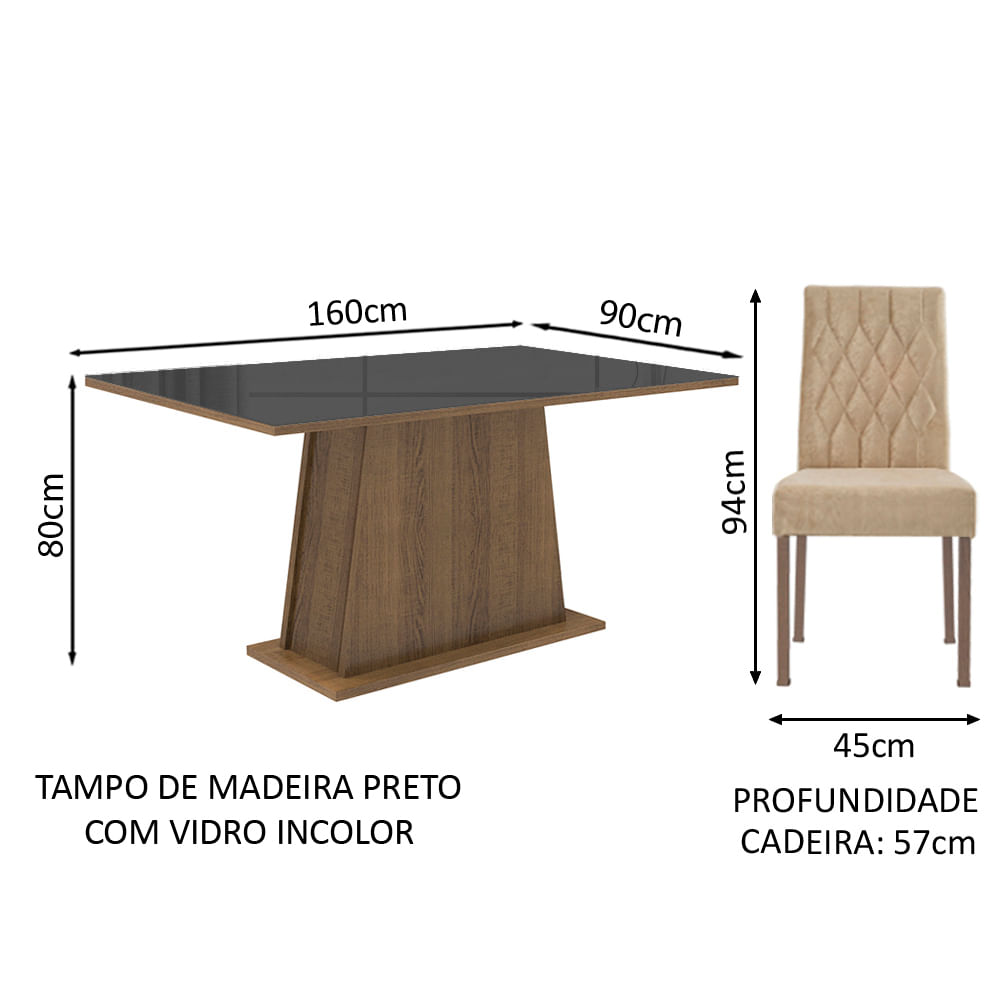 Conjunto Sala de Jantar Madesa Vanessa Mesa Tampo de Vidro com 6 Cadeiras  Cor:Rustic/Preto/