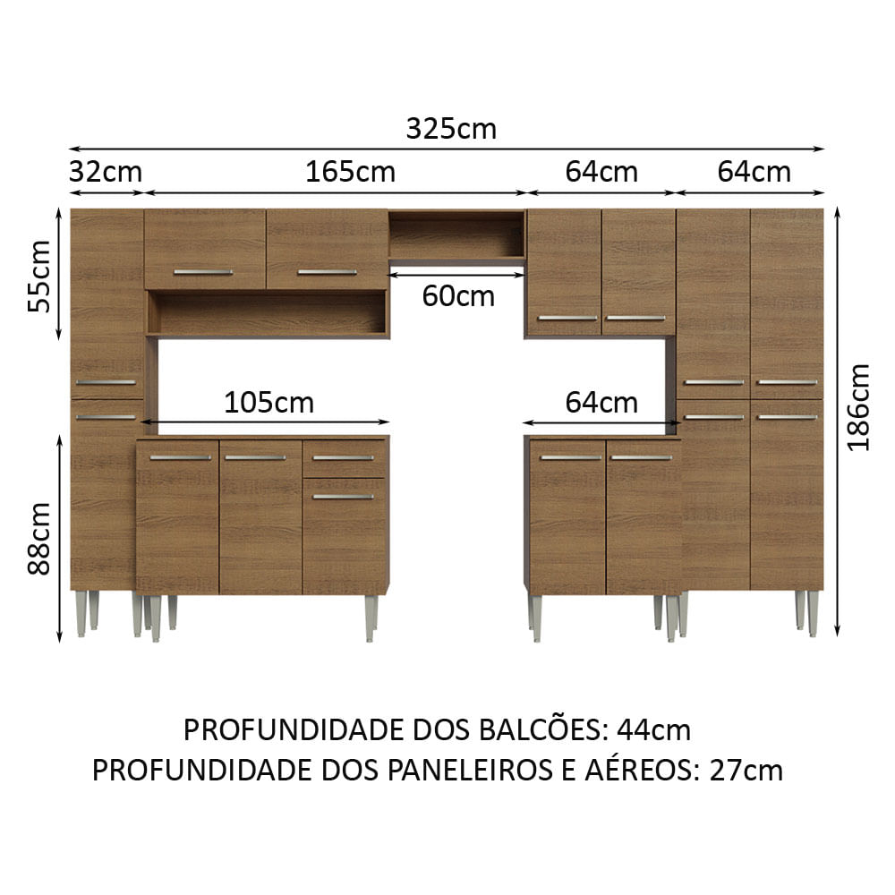 Armário de Cozinha Completa 325cm Rustic Emilly Madesa - Madesa Móveis