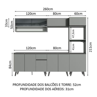 ニッシー (シルバー 26.5) Armário de Cozinha Completa 260cm Cinza Nice Madesa 06 - Madesa Móveis