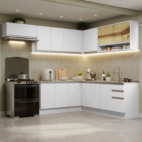 Armário de Cozinha Completa de Canto 469cm Branco Glamy Madesa 01