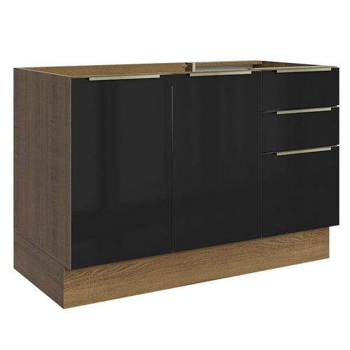 Balcão Gabinete de Pia Madesa Lux 120 cm 2 Portas 3 Gavetas (Sem Tampo) Rustic/Preto