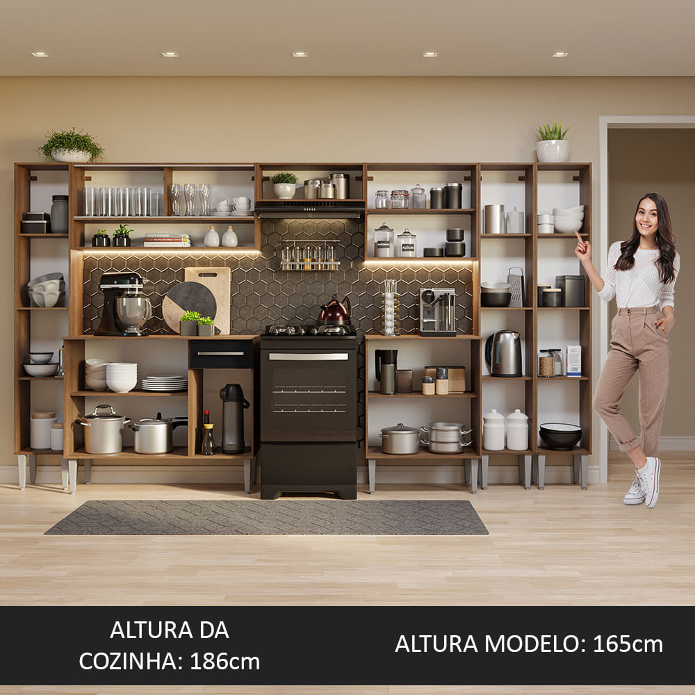 Armário de Cozinha Completa 325cm Preto/Rustic Emilly Joy Madesa