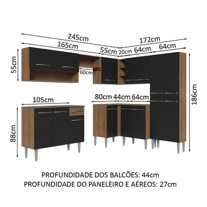 Armário de Cozinha Completa de Canto 417cm Rustic/Preto Emilly