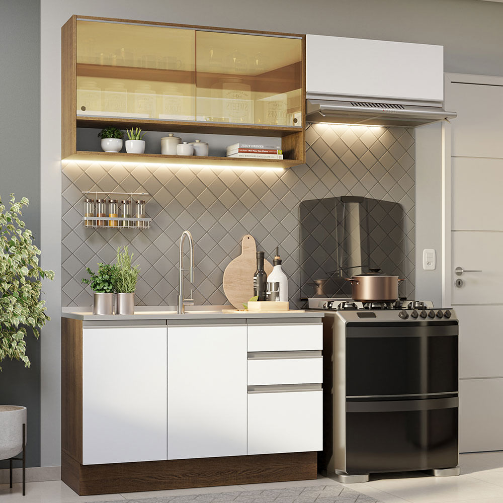 Armário de Cozinha Compacta 200cm Branco/Cinza Lux Madesa 01