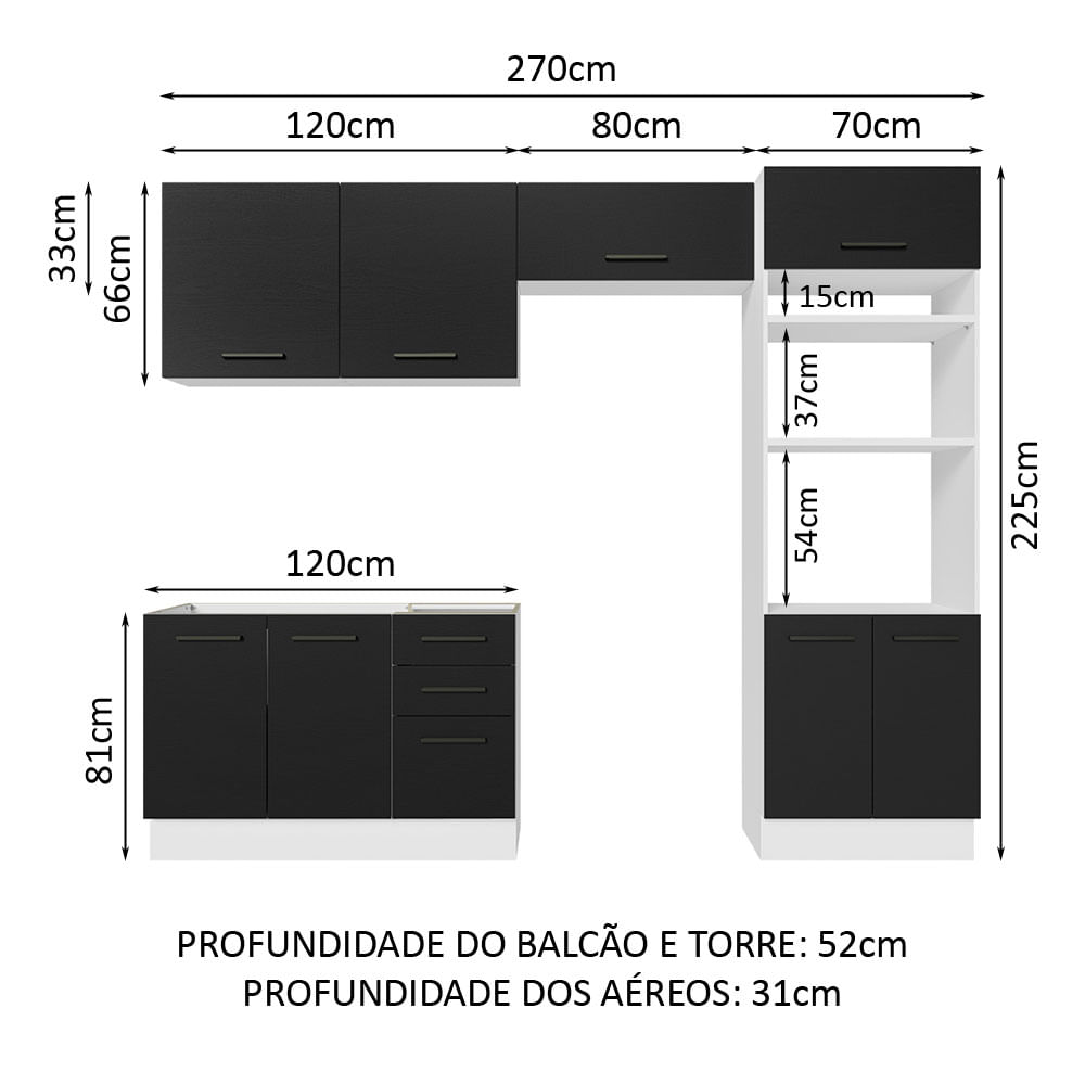 Armário de Cozinha Completa 270cm Branco Preto Agata Madesa 03 - Madesa  Móveis