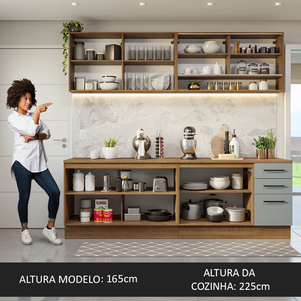 Armário de Cozinha Completa 240cm Rustic/Cinza Lux Madesa 05 - Madesa Móveis