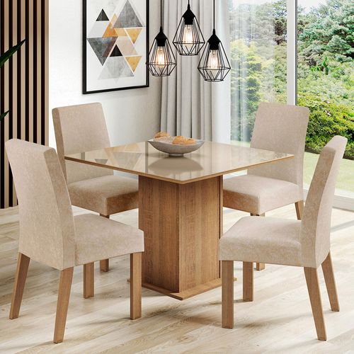 Conjunto Sala de Jantar Madesa Evelin Mesa Tampo de Vidro com 4 Cadeiras Rustic/Crema/Imperial