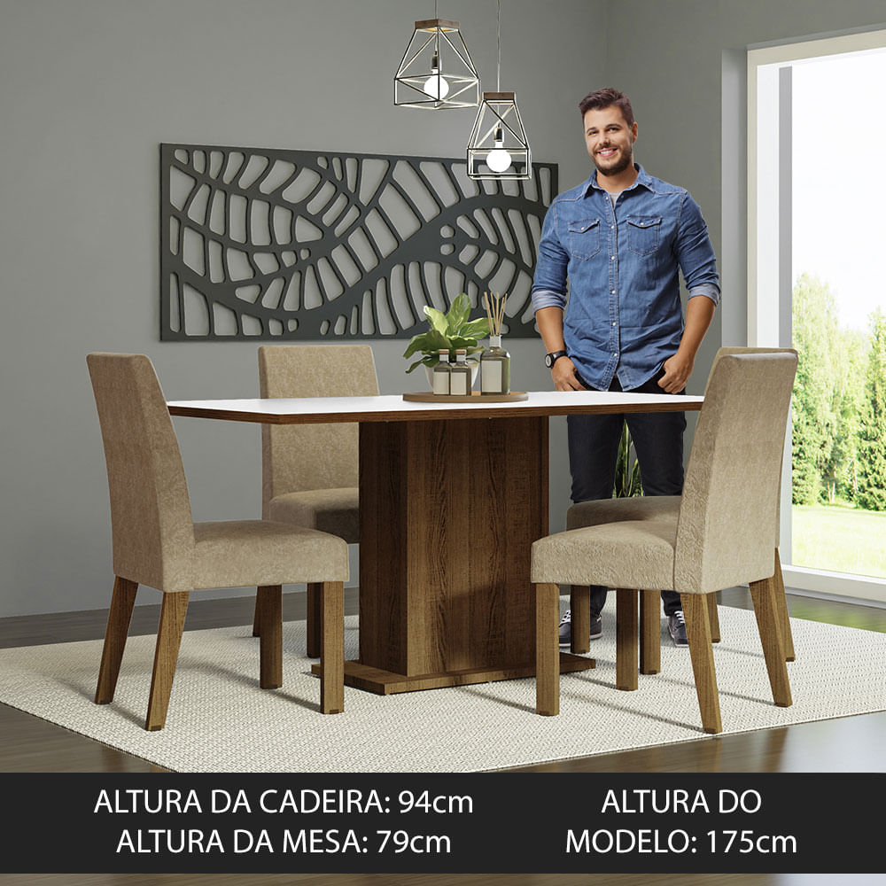 Conjunto Mesa de Jantar Escala Com Vidro Freijó White e 08