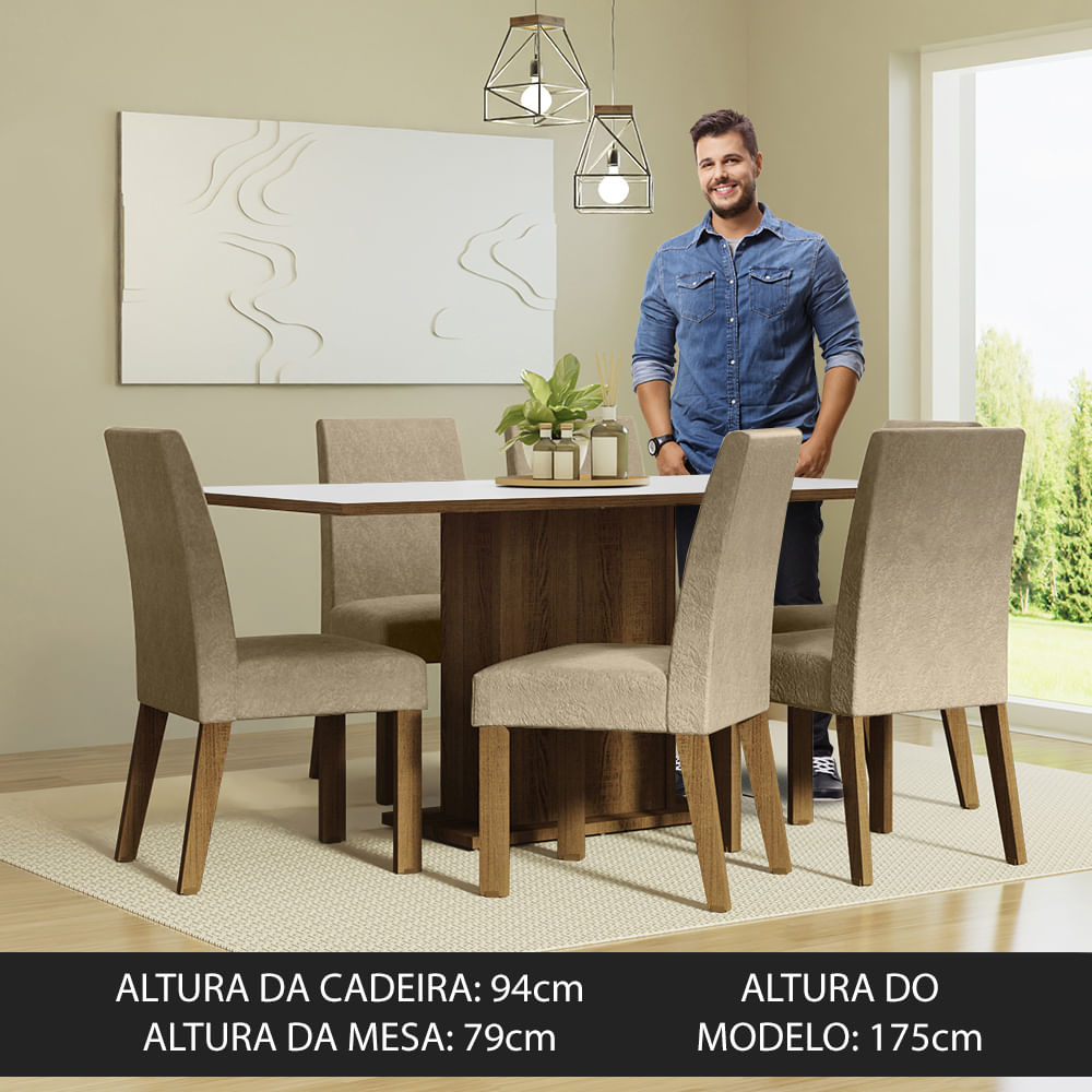 Conjunto Sala de Jantar Mesa Tampo de Vidro 6 Cadeiras Rustic/Branco/Silver  Alexis Madesa - Madesa Móveis