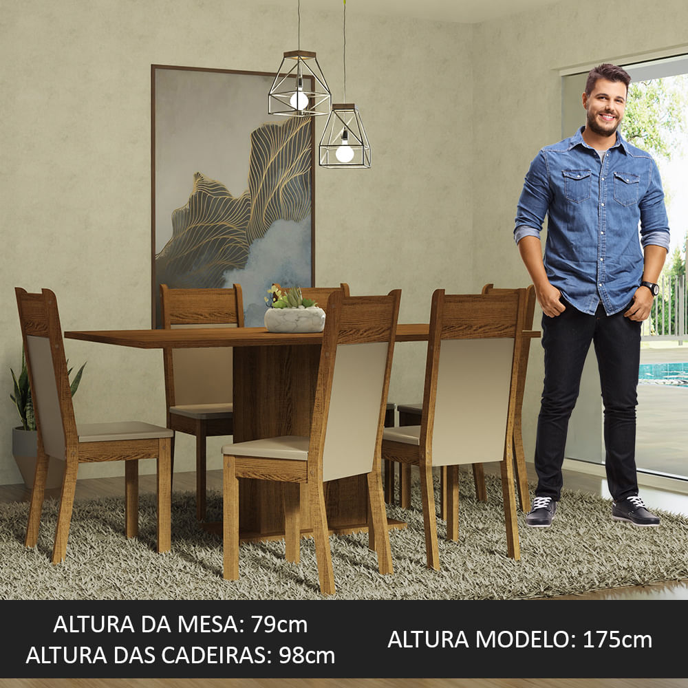 Conjunto Sala de Jantar Mesa Tampo de Vidro 6 Cadeiras Rustic/Cinza/Silver  Geórgia Madesa - Madesa Móveis
