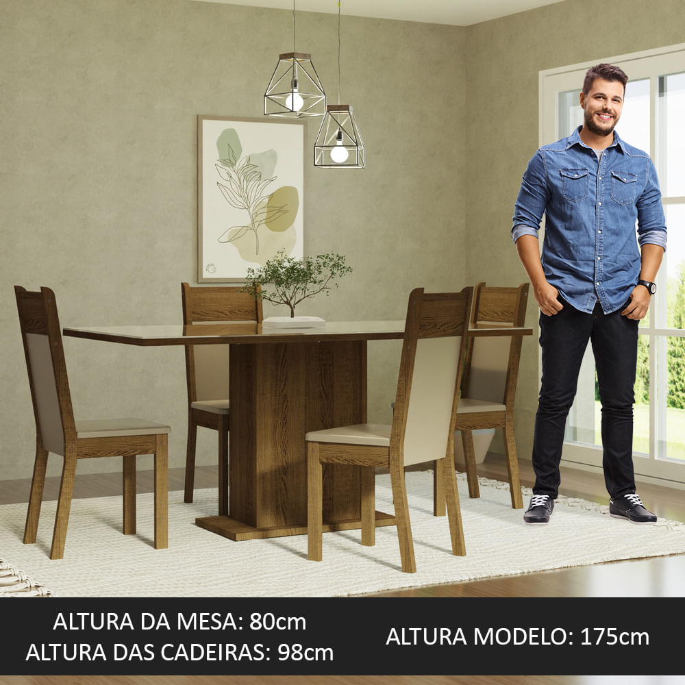 Conjunto Sala de Jantar Mesa Tampo de Madeira 4 Cadeiras Rustic/Crema/Bege  Marrom Alana Madesa - Madesa Móveis