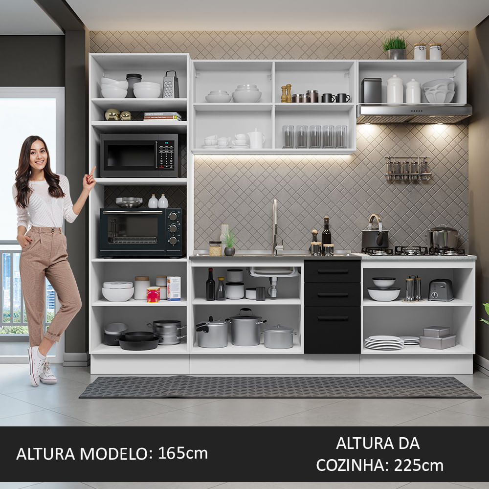 Armário de Cozinha Completa 270cm Branco Preto Agata Madesa 03 - Madesa  Móveis