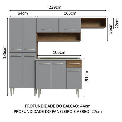Armário de Cozinha Compacta 229cm com Pia Rustic/Cinza Emilly