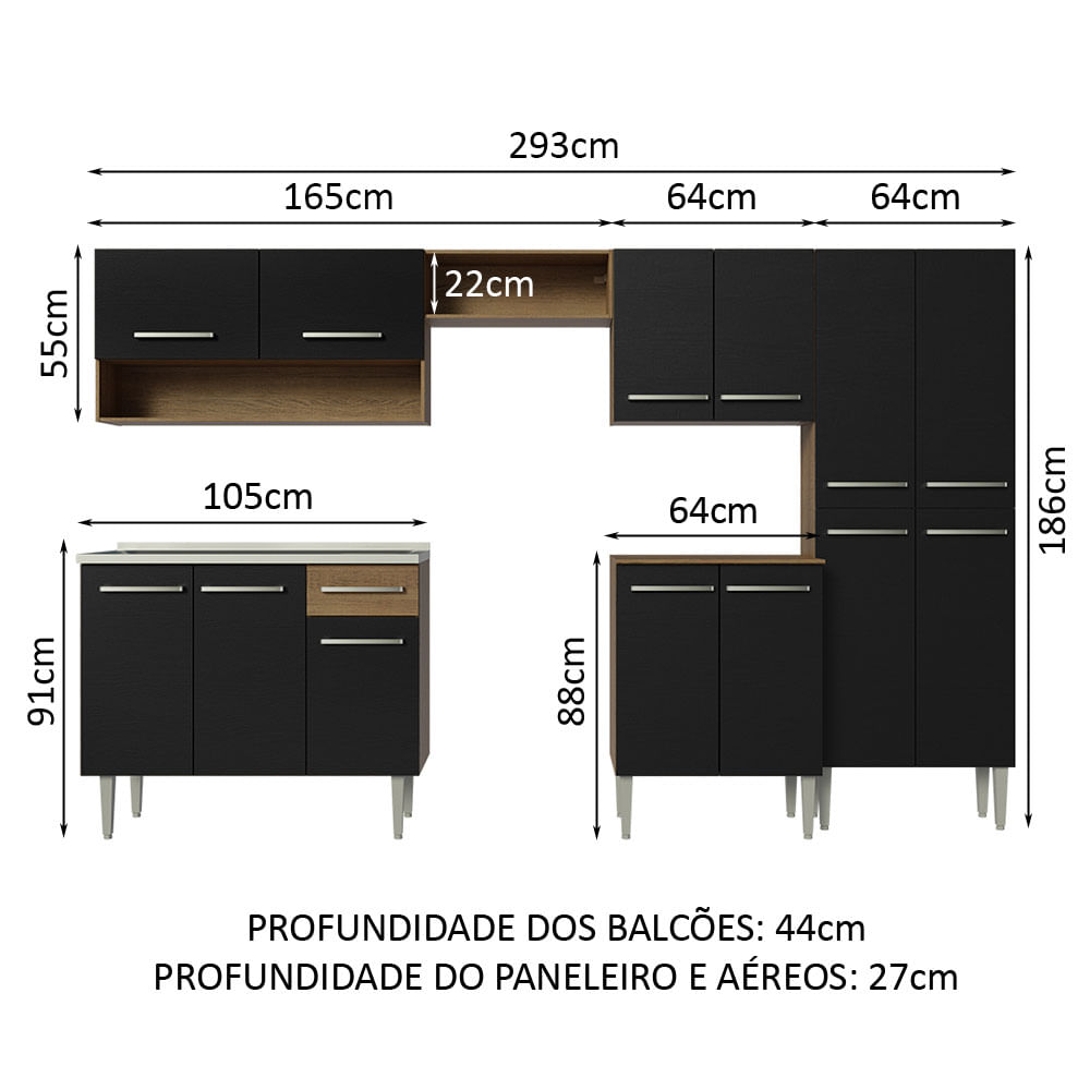 Armário de Cozinha Completa 293cm com Pia Rustic/Preto Emilly Madesa 09 ...