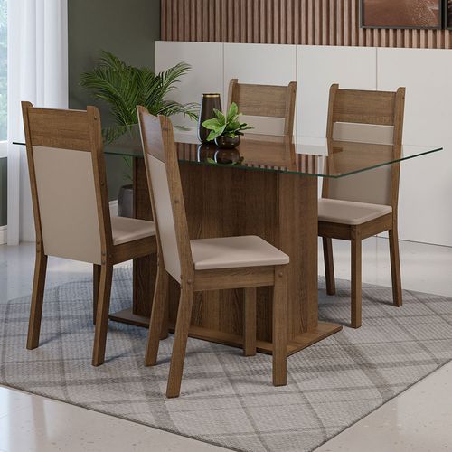Conjunto Sala de Jantar Mesa Tampo de Vidro 4 Cadeiras Rustic/Crema/Sintético Bege Savana Madesa