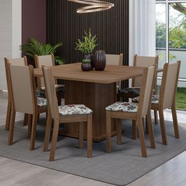 Conjunto Sala de Jantar Mesa Tampo de Madeira 8 Cadeiras Rustic/Crema/Hibiscos Marisa Madesa