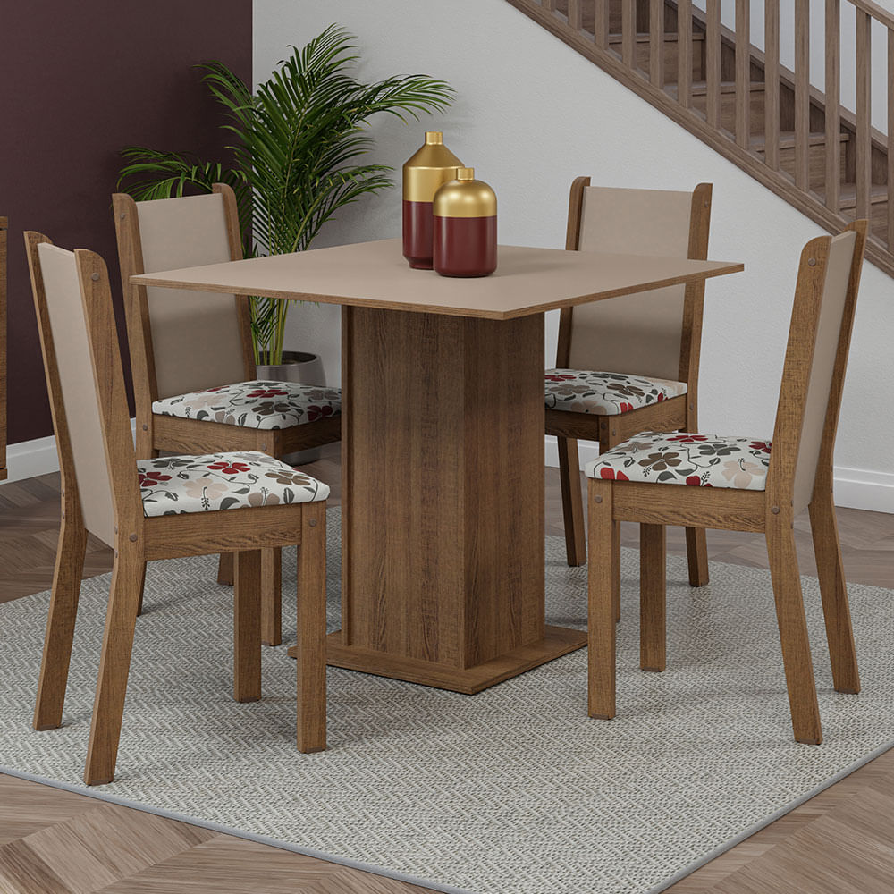 Conjunto Mesa de Jantar Retangular Marisa 135 cm com 4 Cadeiras Madeira  Maciça Tauari Viena - Branco/Amêndoa