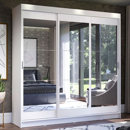 Guarda-Roupa Casal Madesa Istambul 3 Portas de Correr de Espelho 3 Gavetas Branco