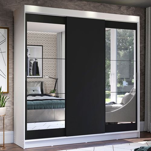 Guarda-Roupa Casal Madesa Istambul 3 Portas de Correr com Espelhos 3 Gavetas Branco/Preto