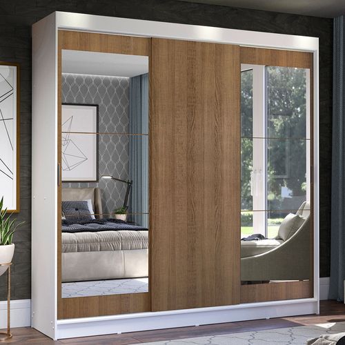 Guarda-Roupa Casal Madesa Istambul 3 Portas de Correr com Espelhos 3 Gavetas Branco/Rustic