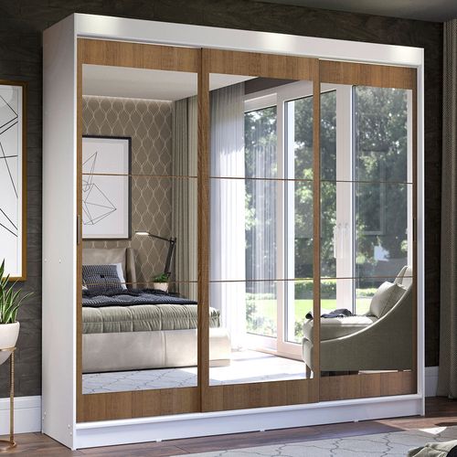 Guarda-Roupa Casal Madesa Istambul 3 Portas de Correr de Espelho 3 Gavetas Branco/Rustic