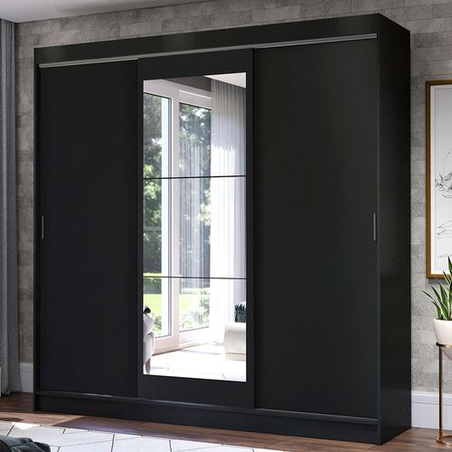 Guarda-Roupa Casal Madesa Istambul 3 Portas de Correr com Espelho 3 Gavetas Preto