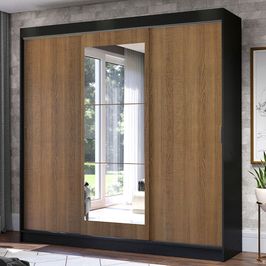 Guarda-Roupa Casal Madesa Istambul 3 Portas de Correr com Espelho 3 Gavetas Preto/Rustic
