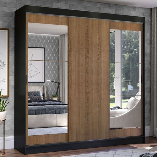Guarda-Roupa Casal Madesa Istambul 3 Portas de Correr com Espelhos 3 Gavetas Preto/Rustic
