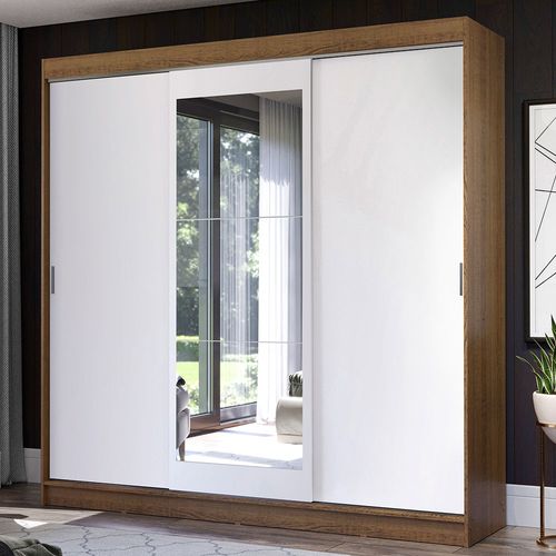 Guarda-Roupa Casal Madesa Istambul 3 Portas de Correr com Espelho 3 Gavetas Rustic/Branco