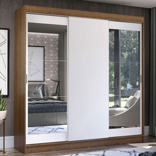 Guarda-Roupa Casal Madesa Istambul 3 Portas de Correr com Espelhos 3 Gavetas Rustic/Branco