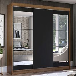 Guarda-Roupa Casal Madesa Istambul 3 Portas de Correr com Espelhos 3 Gavetas Rustic/Preto