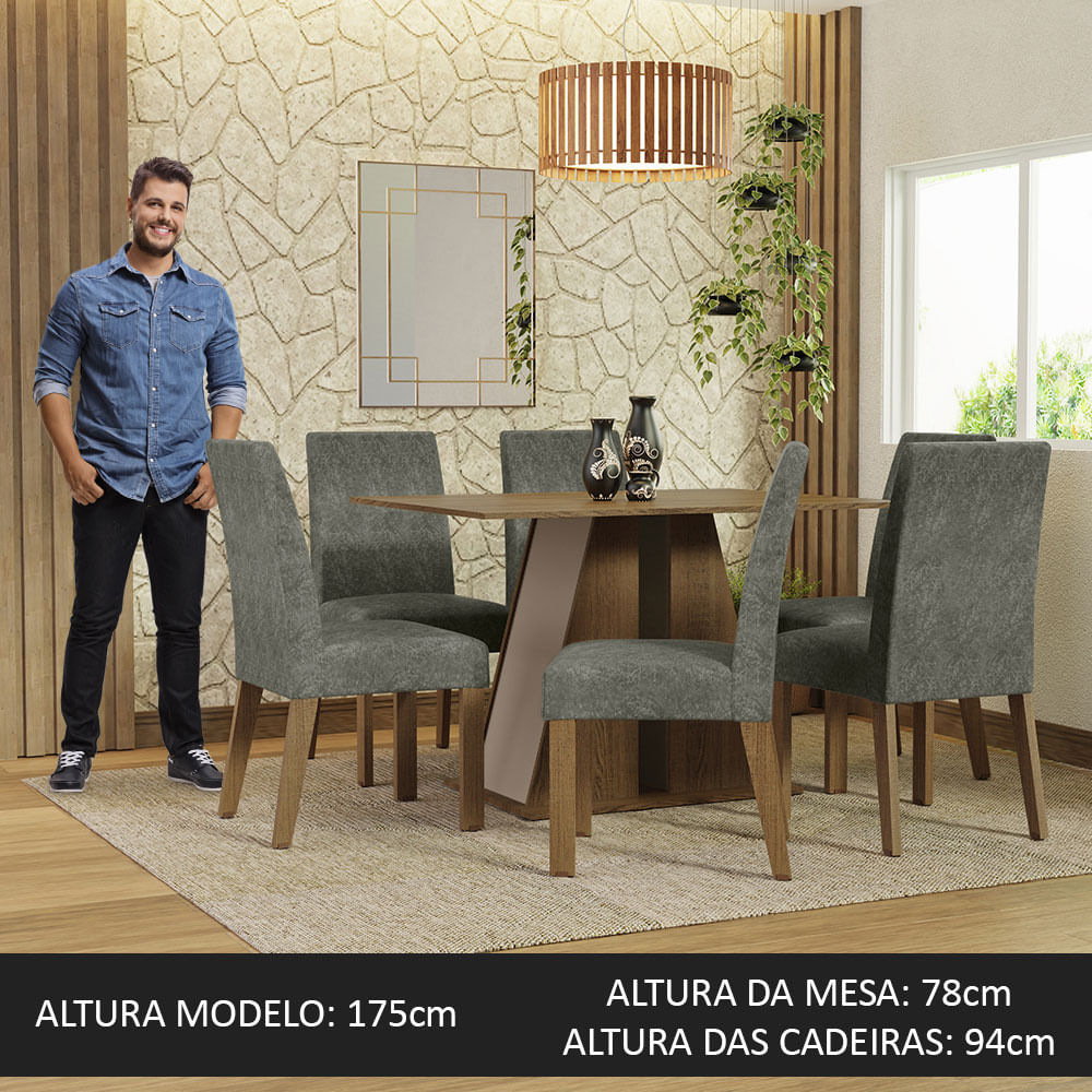 Conjunto Sala de Jantar Mesa Tampo de Vidro 6 Cadeiras Rustic/Branco/Silver  Alexis Madesa - Madesa Móveis