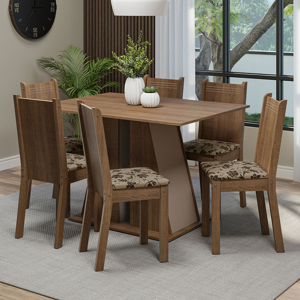 Conjunto sala de jantar mesa retangular madeira 6 cadeiras madeira