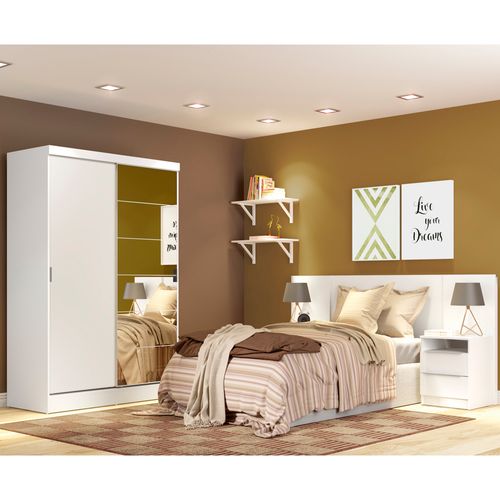 Quarto Completo com Guarda-Roupa Luke 2 Portas com Espelho e Cabeceira com 2 Mesas de Cabeceira Madesa Branco