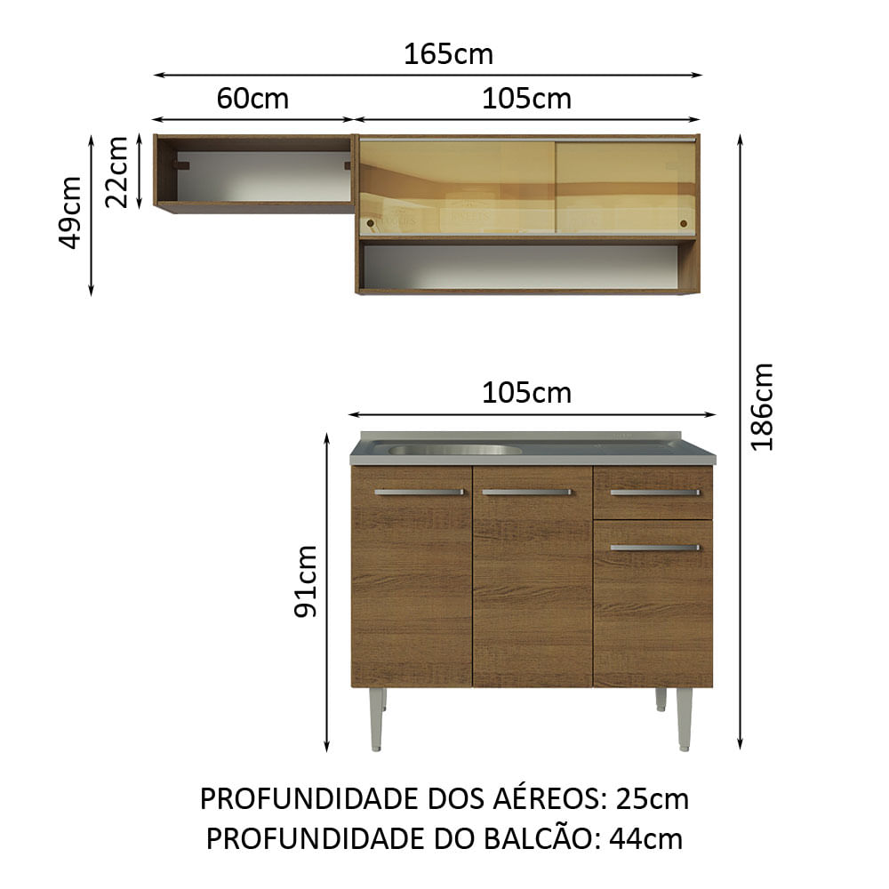 Armário de Cozinha Compacta 165cm com Pia Rustic Emilly Madesa 01 ...