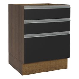 Balcão Cozinha 60 x 60 cm 3 Gavetas (Sem Tampo) Rustic/Preto Glamy Madesa