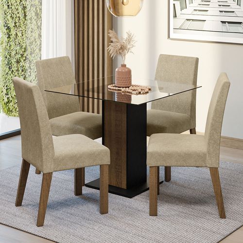 Conjunto Sala de Jantar Mesa Tampo de Vidro 4 Cadeiras Rustic/Preto/Imperial Ivy Madesa