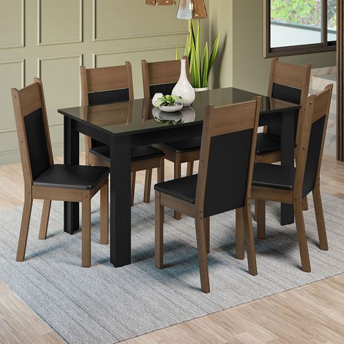 Conjunto Sala de Jantar Mesa Tampo de Vidro 6 Cadeiras Preto/Rustic Zoe Madesa