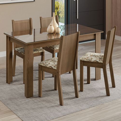 Conjunto Sala de Jantar Mesa Tampo de Vidro 4 Cadeiras Rustic/Lírio Bege Kiara Madesa