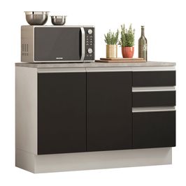 Balcão Cozinha 120 x 60 cm 2 Portas e 3 Gavetas (Com Tampo) Branco/Preto Glamy Madesa