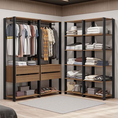 Guarda-Roupa Closet Modulado Valencia 4 Gavetas 358cm Rustic/Preto Madesa 03