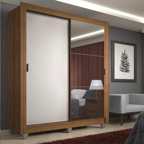 Guarda-Roupa Solteiro Madesa Denver 2 Portas de Correr com Espelho com Pés Rustic/Branco