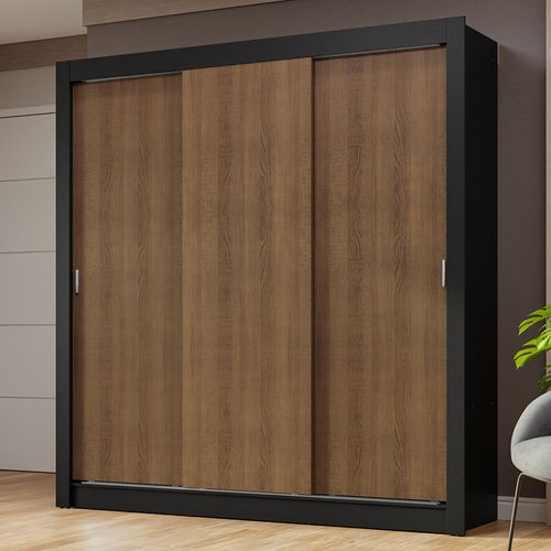 Guarda-Roupa Casal 3 Portas de Correr Preto/Rustic Nobre Madesa