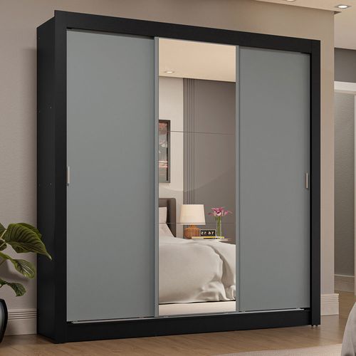 Guarda-Roupa Casal 3 Portas de Correr com Espelho 4 Gavetas Preto/Cinza Sublime Plus Madesa