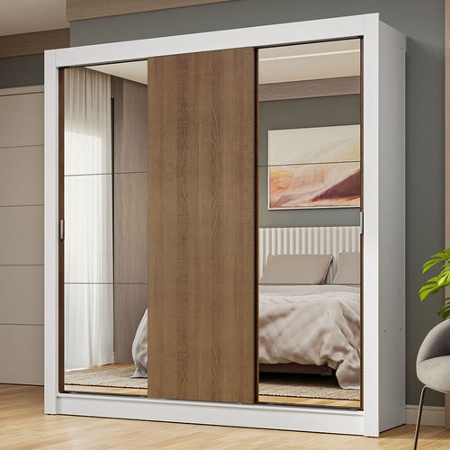 Guarda-Roupa Casal 3 Portas de Correr com Espelhos Branco/Rustic Nobre Madesa